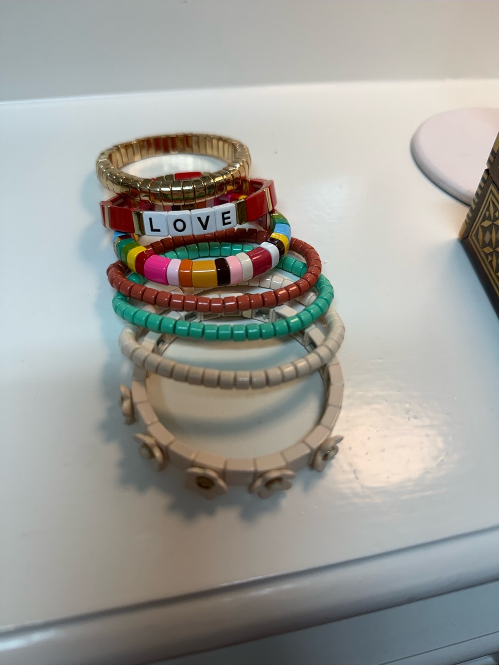 Stacked LOVE Multicolor Bead & Gold Stretch Bracelet Set of 7!